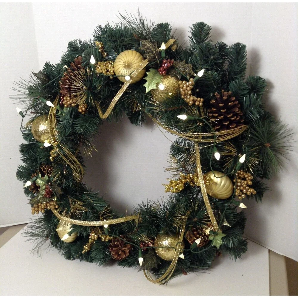 Christmas Wreath PreLit Green/Gold Pine Cones Balls Glamour Front Door Wall 23